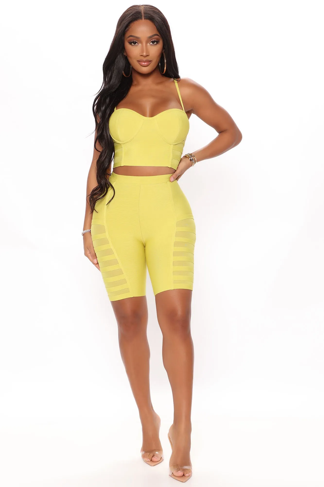 A Night Out Bandage Short Set - Chartreuse