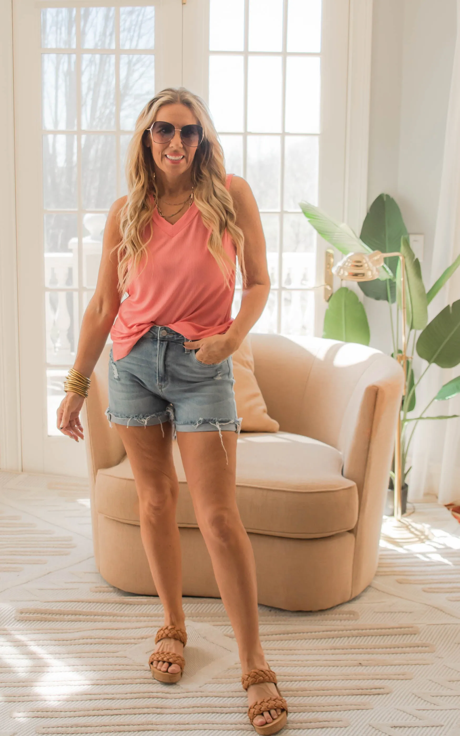 Coral V-Neck Solid Basic Tank Top