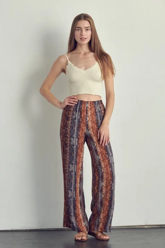 Elastic waisted palazzo pants in ethnic print