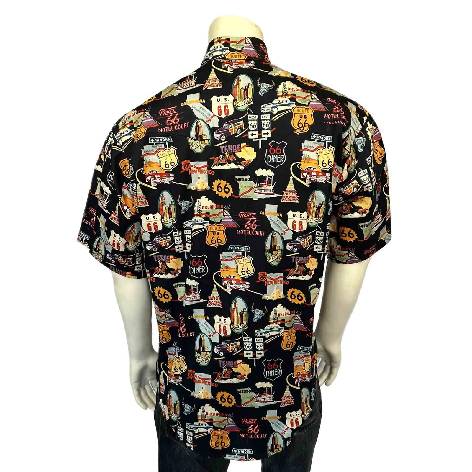 Men’s Route 66 Print Short Sleeve Western Shirt in Black