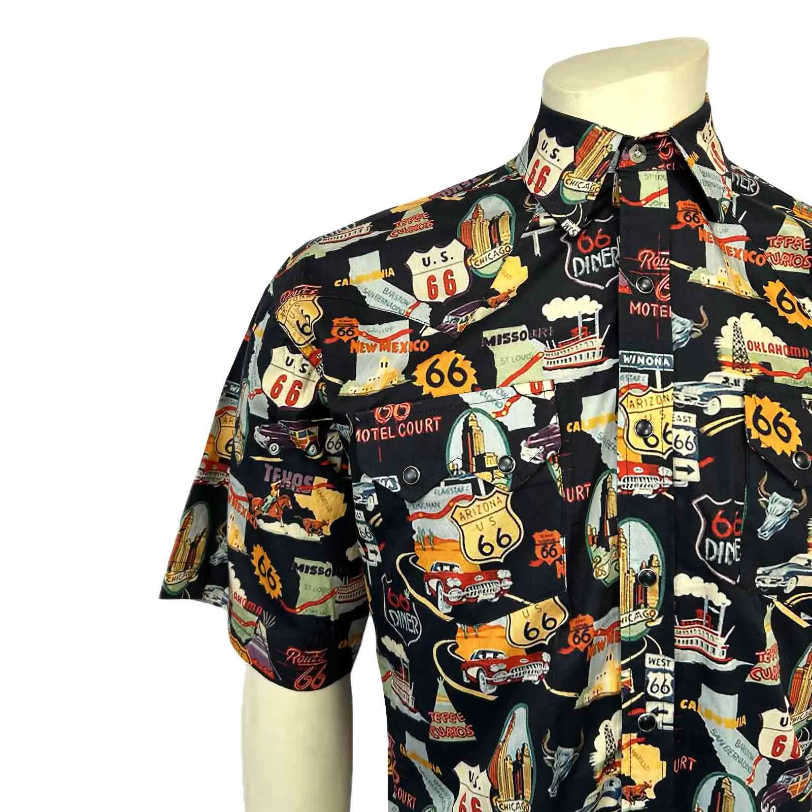 Men’s Route 66 Print Short Sleeve Western Shirt in Black