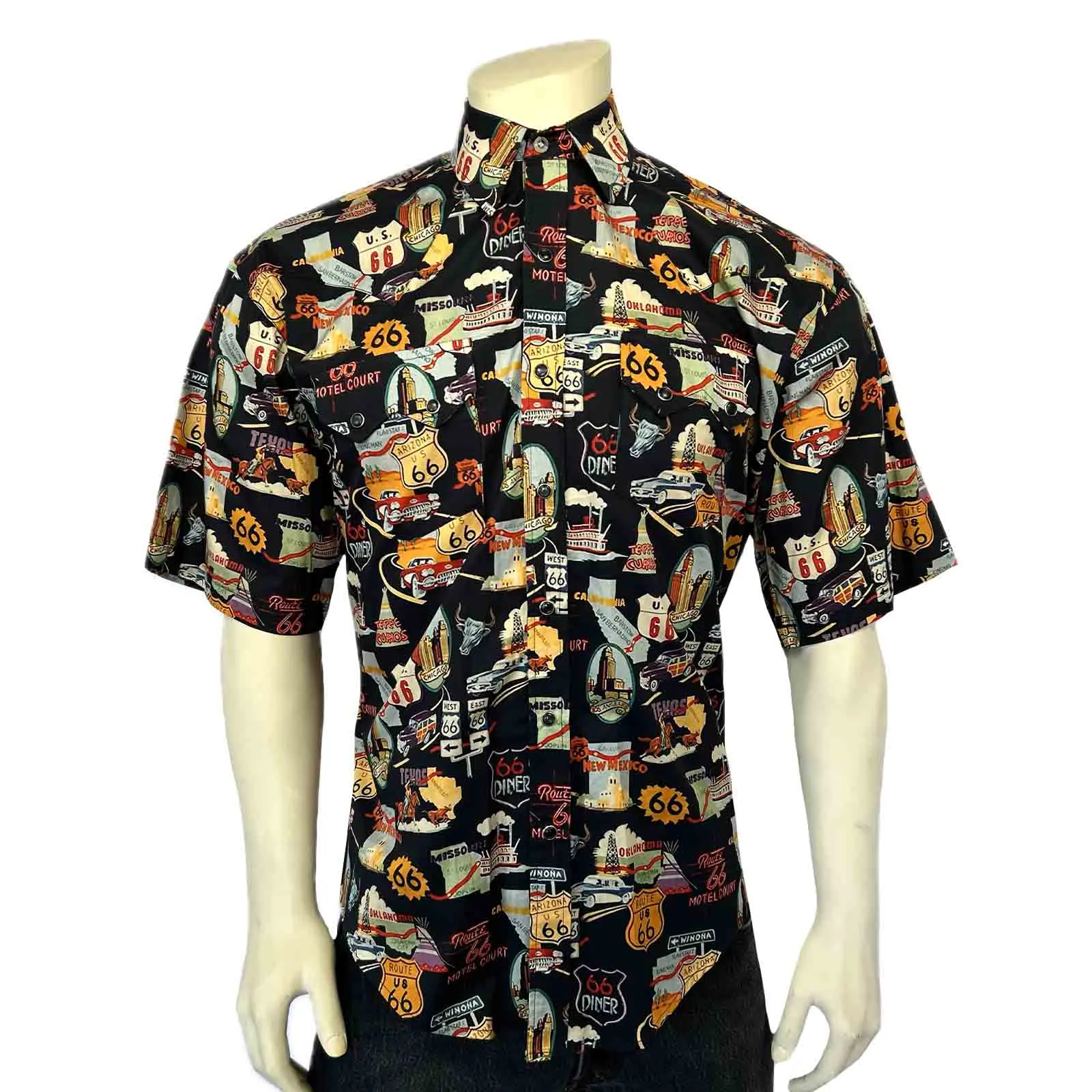 Men’s Route 66 Print Short Sleeve Western Shirt in Black