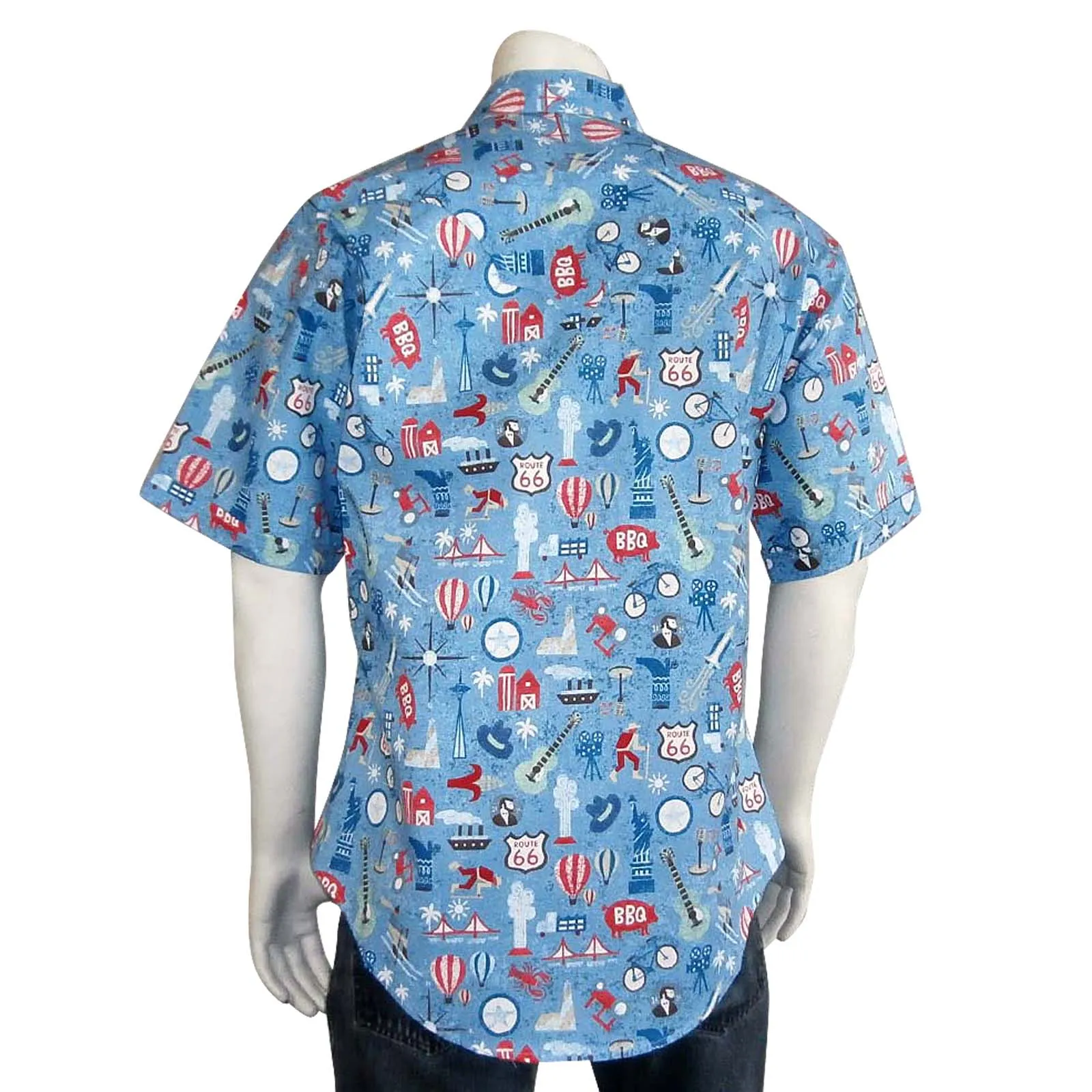 Men’s Route 66 Print Short Sleeve Western Shirt in Blue