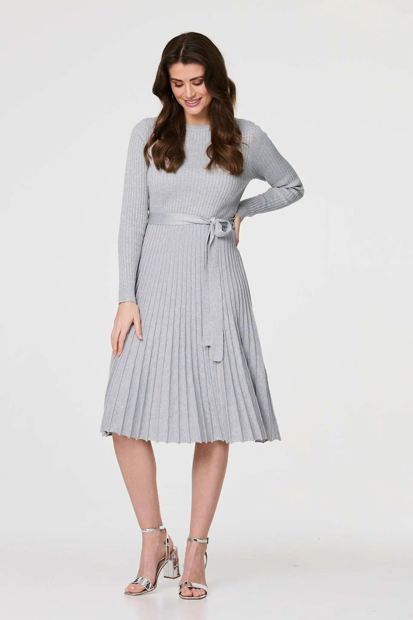 Pleated Tie Waist Ribbed Knit Midi Dress