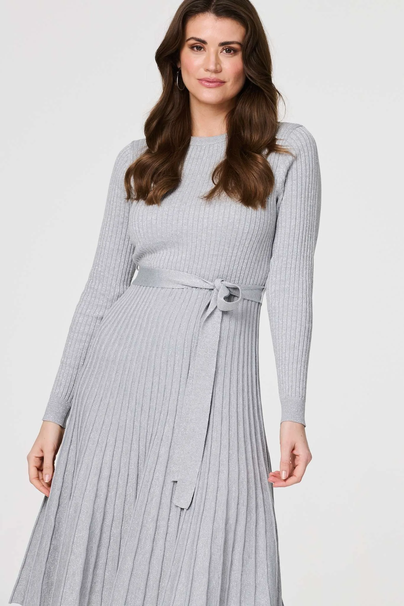 Pleated Tie Waist Ribbed Knit Midi Dress