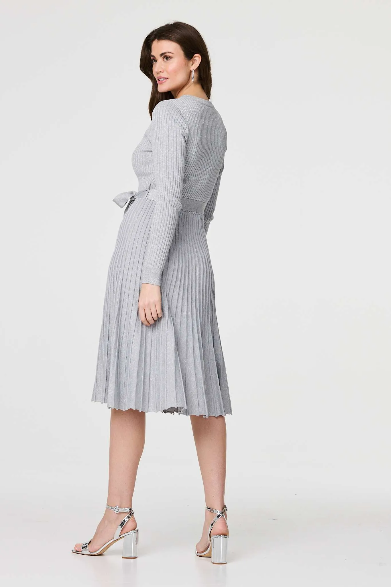 Pleated Tie Waist Ribbed Knit Midi Dress