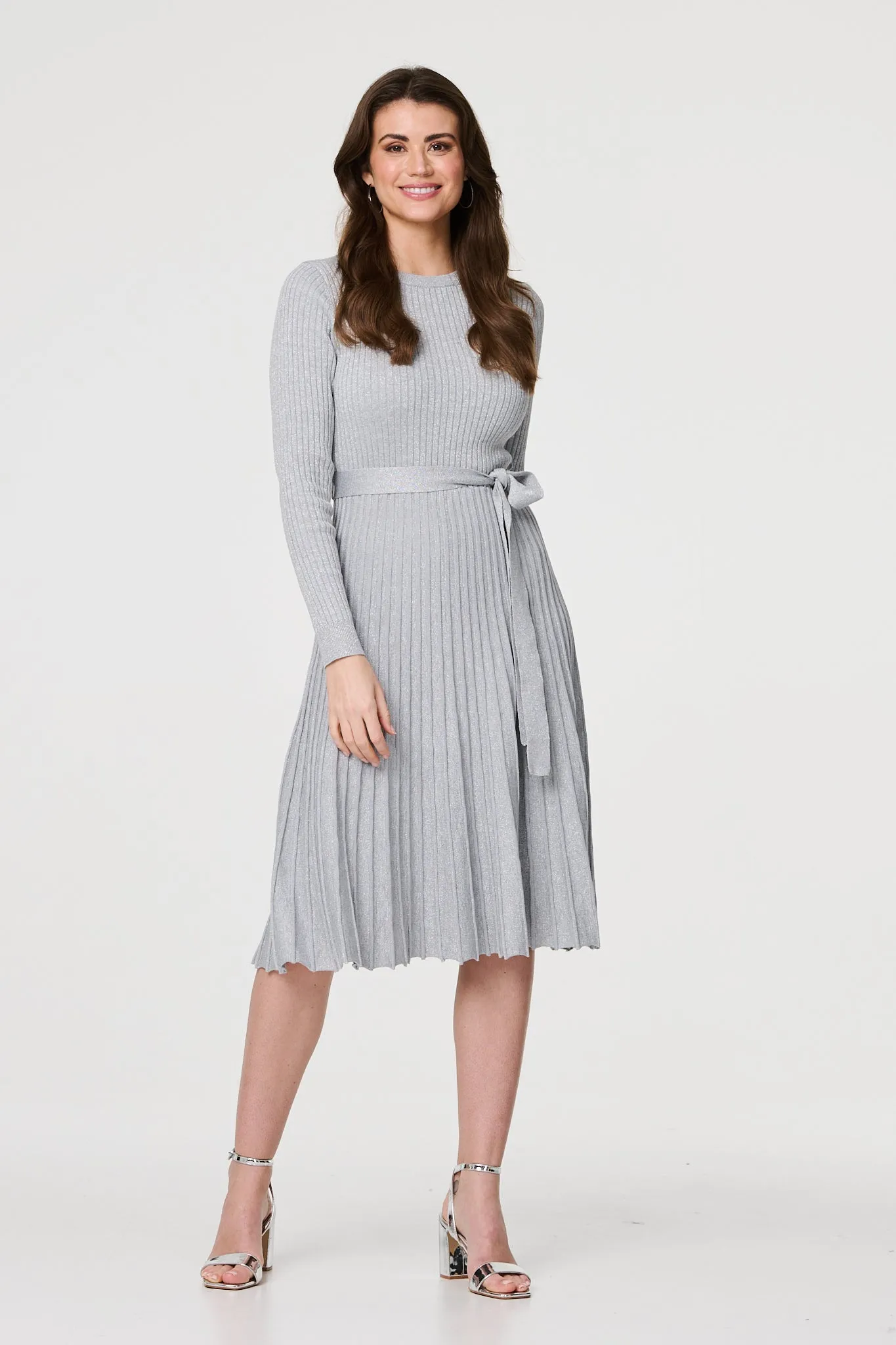 Pleated Tie Waist Ribbed Knit Midi Dress