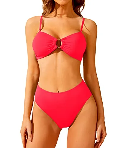 Two Piece Bandeau Swimsuit High Waisted Bathing Suits for Women