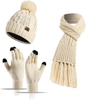 WARM KNIT BEANIE HAT LONG SCARF SET NECK SCARVES