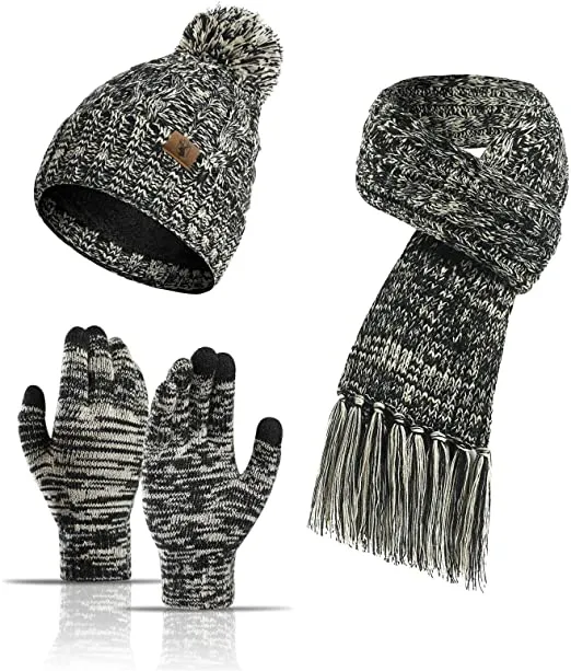 WARM KNIT BEANIE HAT LONG SCARF SET NECK SCARVES