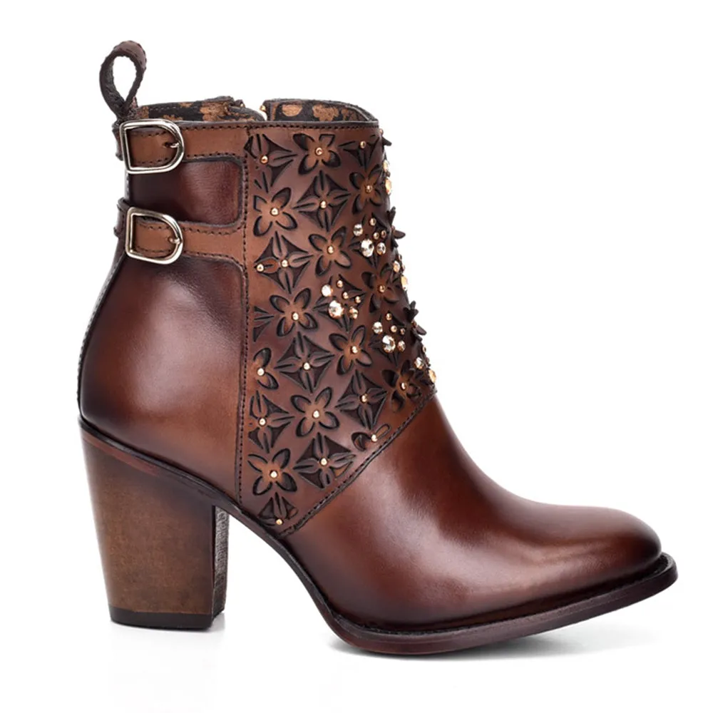 Womens CUADRA Laser Floral Cut Bovine Leather Ankle Bootie Honey