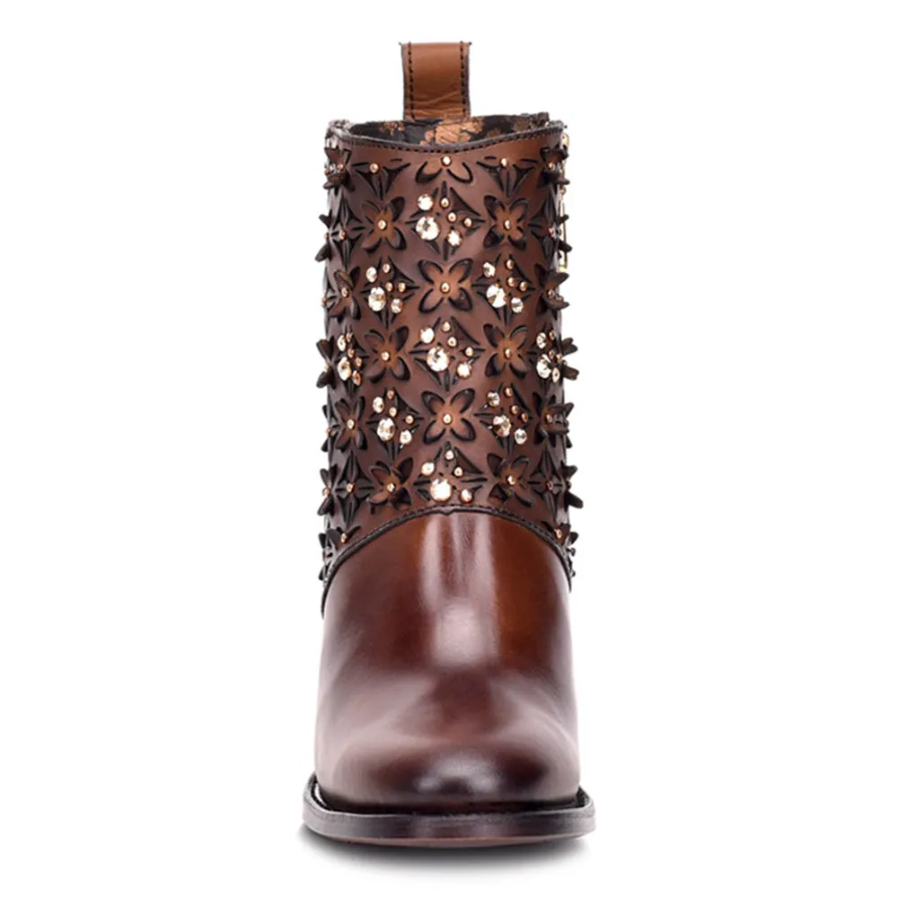 Womens CUADRA Laser Floral Cut Bovine Leather Ankle Bootie Honey