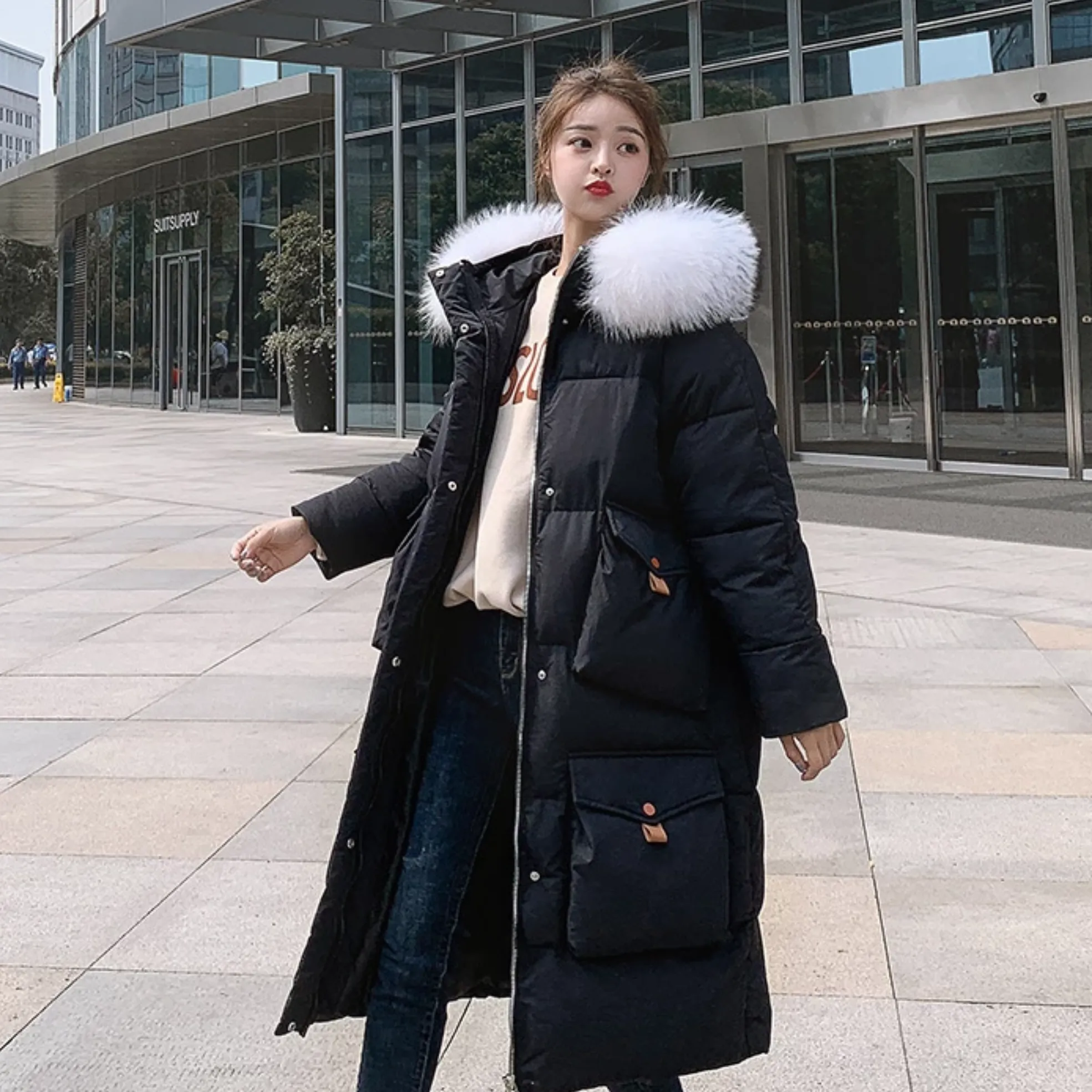 Women's Winter Cotton Hooded Long Parka With Fur