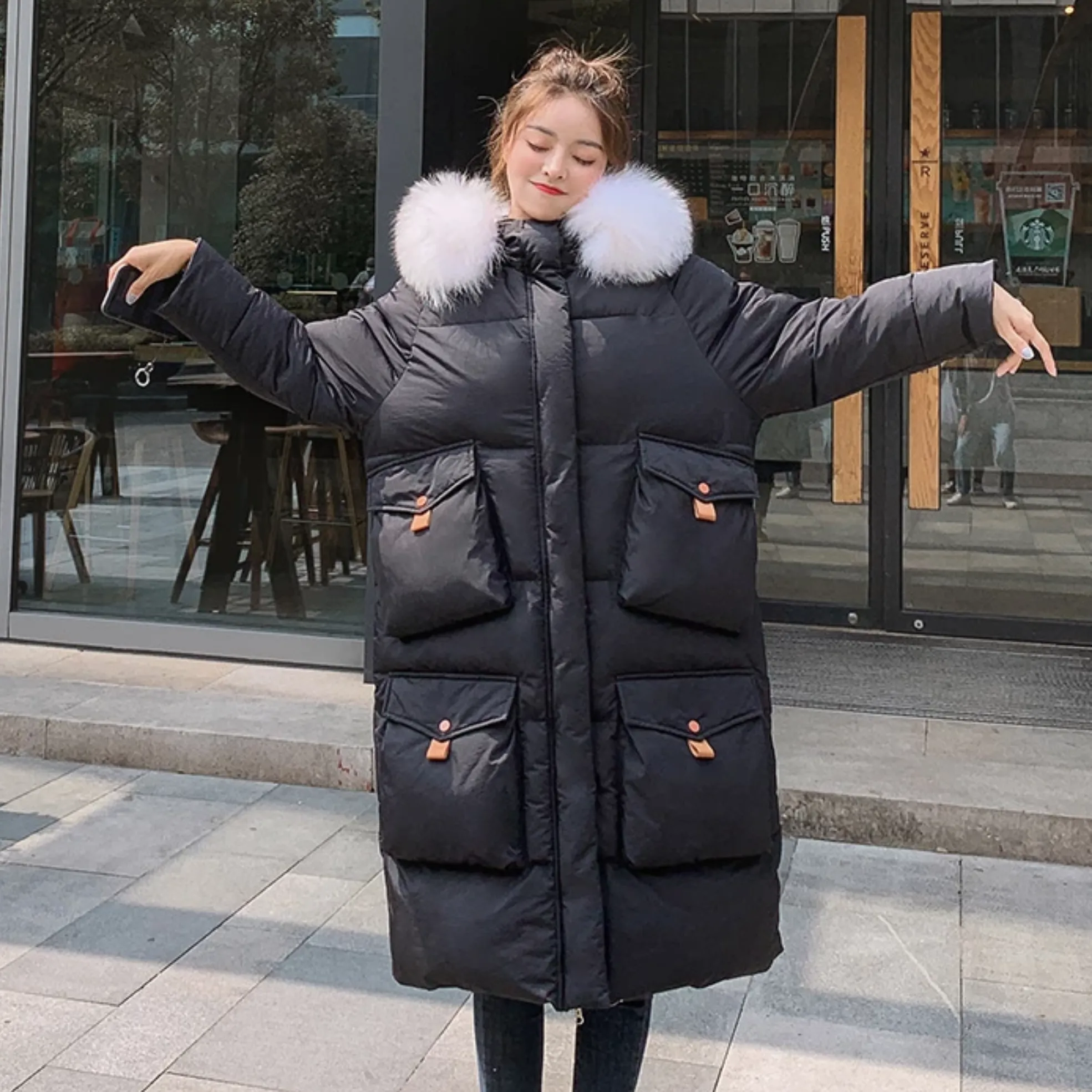 Women's Winter Cotton Hooded Long Parka With Fur